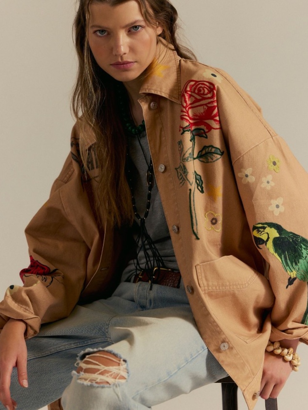We The Free Tan Utility Jacket with Multicolor Embroidery - Picture 2 of 15